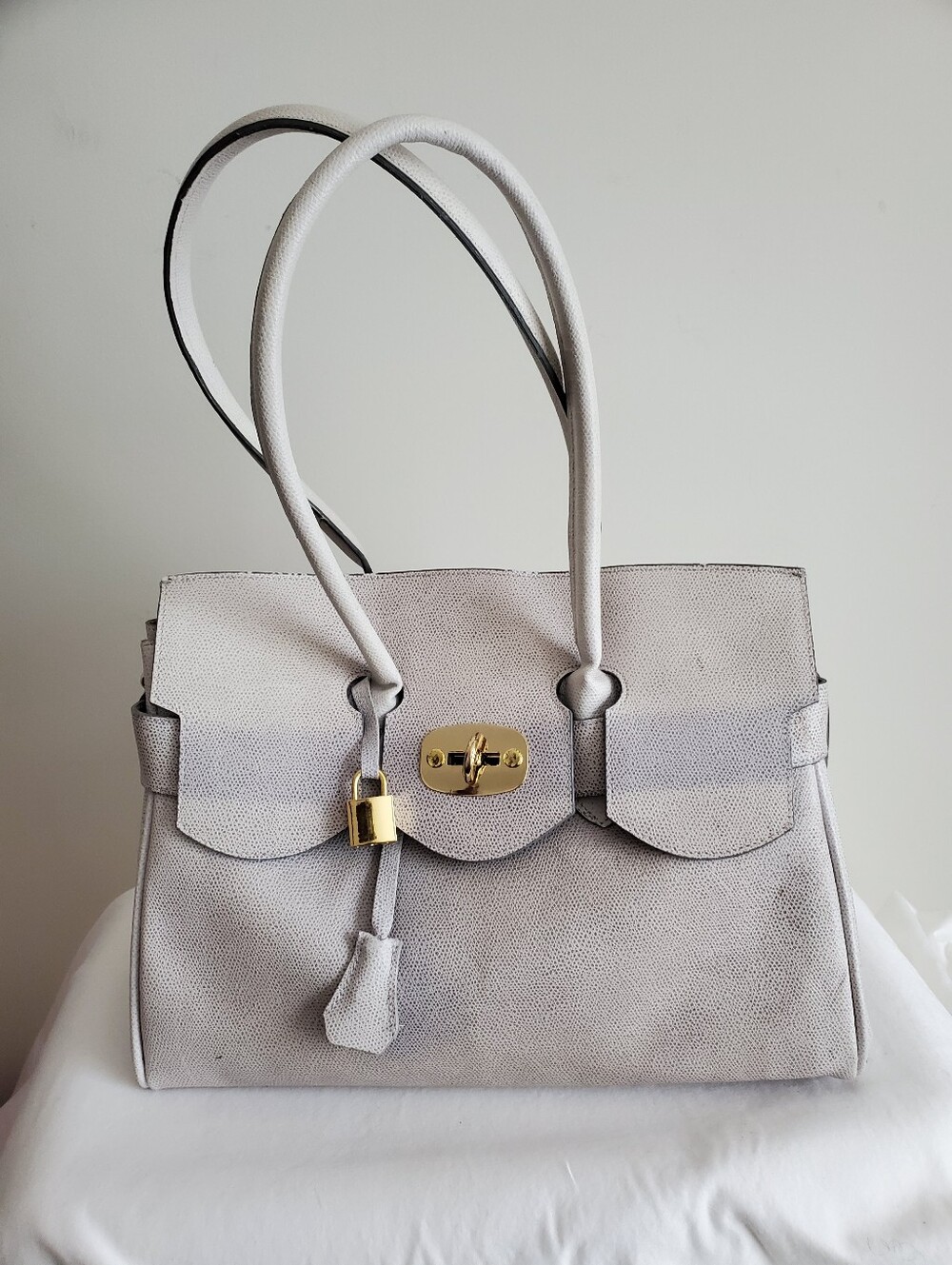Structured White Leather Tote with Gold Accent